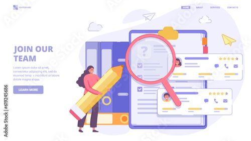 Recruitment, search employees online, hiring process, human resource management. Flat design concept with characters for landing page. Vector illustration for website, landing page, banner.