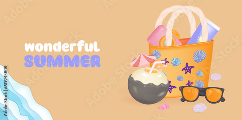 Realistic 3d detailed bright beach bag with sunglasses, photo camera and sun cream. Coconut Cocktail. Summer banner. Vector illustration.