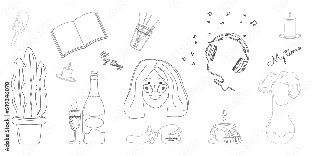 My time is an opportunity to relax or be with myself. The concept of health and energy recovery. Doodle style. Vector illustration. My time is an opportunity to relax or be with myself. The concept of health and energy recovery. Doodle style. Vector illustration.