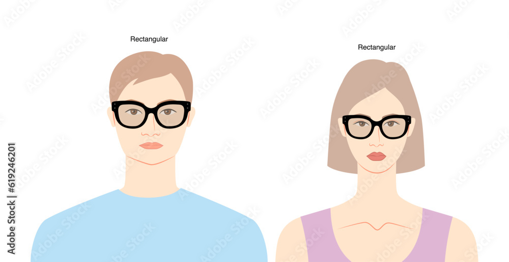 Rectangular frame glasses on women and men flat character fashion accessory illustration. Sunglass front view unisex silhouette style, rim spectacles eyeglasses, lens style outline isolated on white Rectangular frame glasses on women and men flat character fashion accessory illustration. Sunglass front view unisex silhouette style, rim spectacles eyeglasses, lens style outline isolated on white