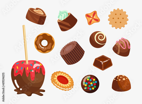 vector chocolate, set, set of sweets, caramel apple with chocolate, small chocolate candies © Elizabeth