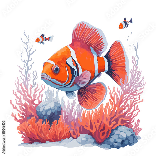 beautiful drawing of colored fishes, marine life, watercolor painting, hand drawing,white background.