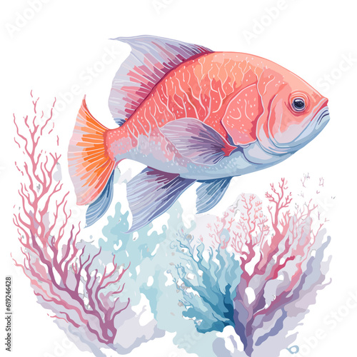 beautiful drawing of colored fishes, marine life, watercolor painting, hand drawing,white background.