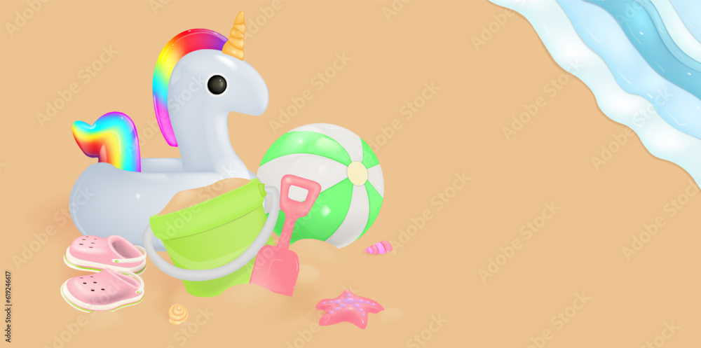 Children's summer banner. Concepcion of the sea and beach with children's elements. Shovel and bucket in the sand, ball, unicorn circle, children's shoes. Vector illustration of EPS 10.