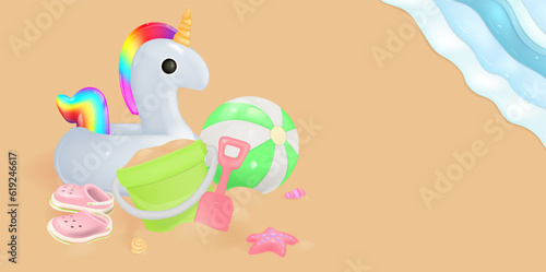 Children s summer banner. Concepcion of the sea and beach with children s elements. Shovel and bucket in the sand  ball  unicorn circle  children s shoes. Vector illustration of EPS 10.