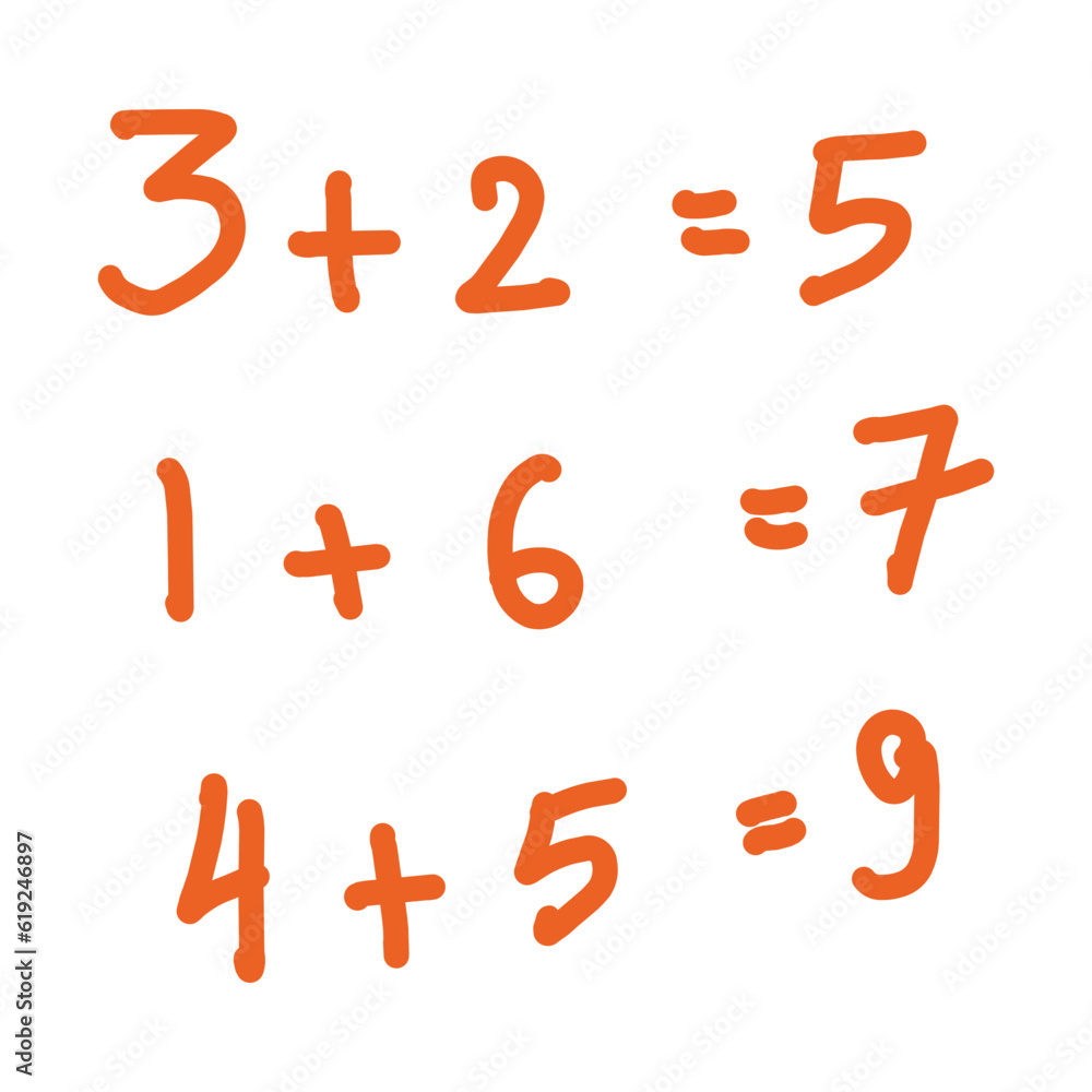 Vector set of hand drawn numbers, punctuation marks and punctuation marks. Addition involving the numbers 1 - 9 handwritten in red ink Vector set of hand drawn numbers, punctuation marks and punctuation marks. Addition involving the numbers 1 - 9 handwritten in red ink