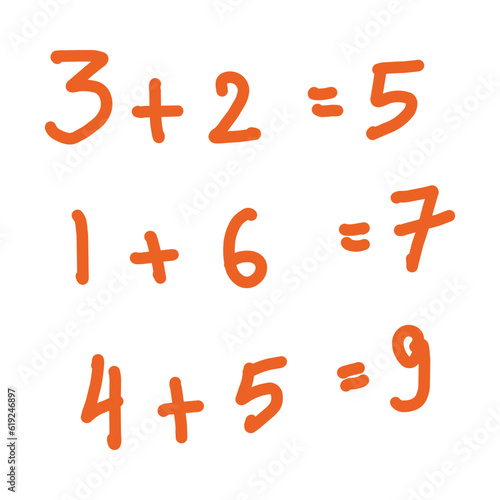 Vector set of hand drawn numbers, punctuation marks and punctuation marks. Addition involving the numbers 1 - 9 handwritten in red ink