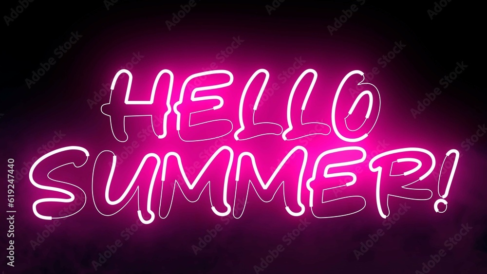 Hello Summer text font with neon light. Luminous and shimmering haze inside the letters of the text Hello Summer. Hello Summer neon sign. 