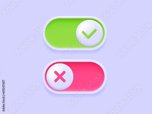 Toggle button. Switcher yes and not. On and Off toggle switch interface buttons. Unlock and lock. Three dimensional button for user interface. 3d vector button for website design, application.