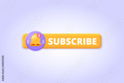 Subscribe email newsletter, social network and channel button with notification bell icon. 3d button for landing page. Three dimensional vector illustration for website, banner.