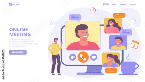 Online meeting, video conference, online chat, video call. Vector design concept with characters for landing page. Flat vector illustration for website, banner, print.