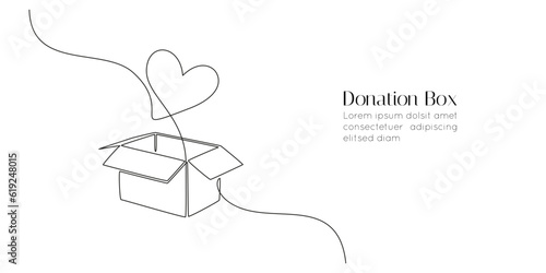 One continuous line drawing of donate box with heart. Minimalist concept of help support and volunteer activity web banner in simple linear style. Editable stroke. Doodle vector illustration