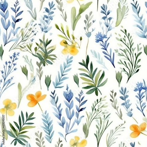 seamless floral pattern, watercolor painting of spring season plants style pattern, AI generated. © peekeedee
