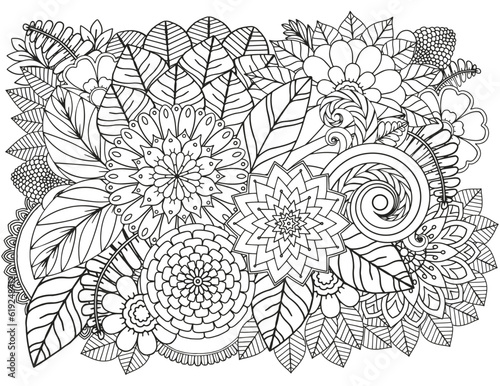 Coloring page for adults and children. Vector flower carpet.