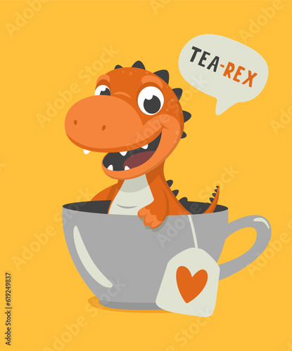 Tea Rex. Vector Funny and Cute Textured Cartoon Dinosaur in Tea Cup. Mug with Hot Tea Beverage and Hand Drawn Tyrannosaur Rex, T-rex. Kids, Children s Illustration, Print