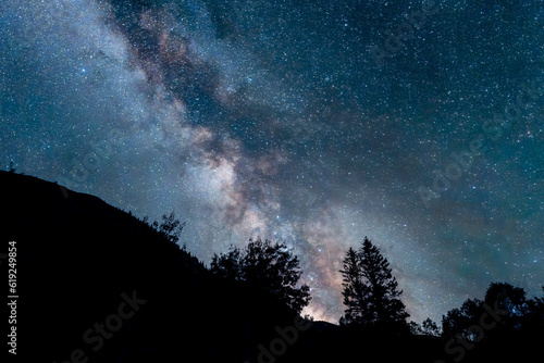 Milky Way above the mountain and silhouette of trees