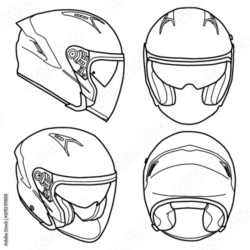 Template vector half face helmet line art, suitable for your custom half face helmet, outline vector doodle illustration,  front, back, and side view, isolated with white background. editable.