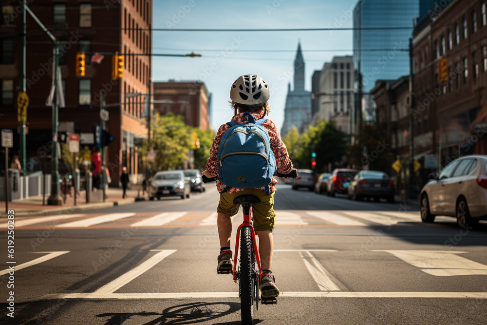 Obraz premium Illustration of a kid on a bicycle in the city, Generative AI. 