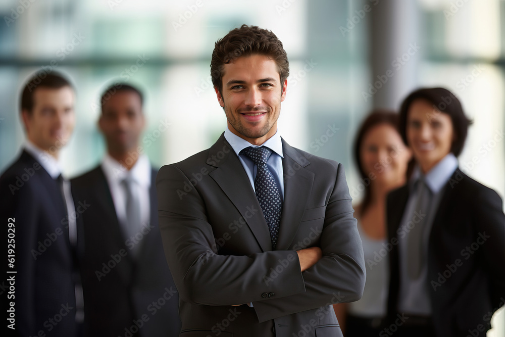 Photo of a confident businessman standing with arms crossed in a professional attire Photo of a confident businessman standing with arms crossed in a professional attire