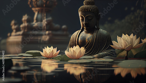 A serene and peaceful image of a Buddha statue in a cross-legged meditation pose  Created using AI