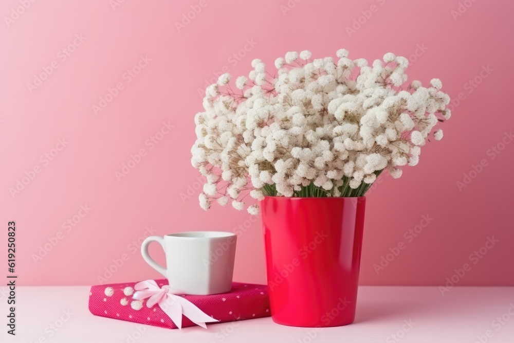 red vase filled with white flowers next to a cup on a wooden table. Generative AI