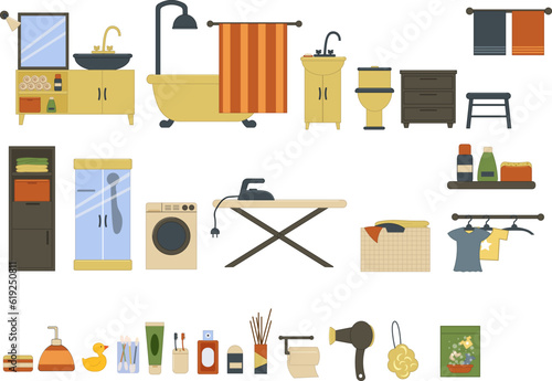 Set with bathroom and laundry interior elements. Washing machine and ironing board, bath and toilet, wardrobe and mirror, hygiene items. Vector.