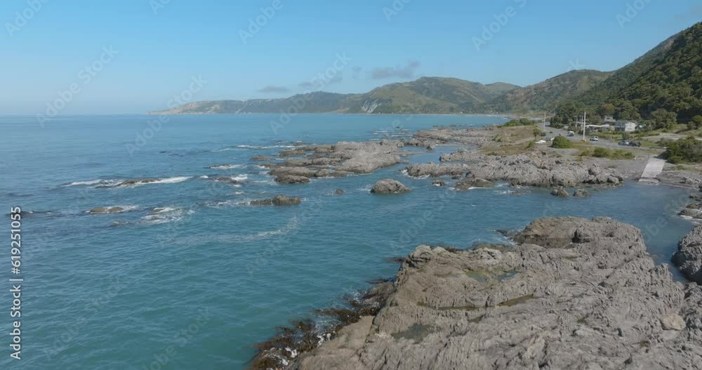 Aerial: Ocean coastline in Kaikoura, South Island, New Zealand Aerial: Ocean coastline in Kaikoura, South Island, New Zealand