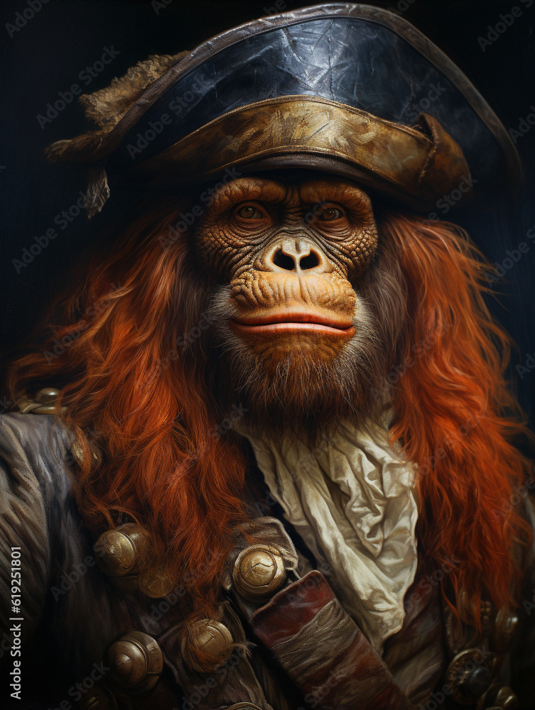 An Oil Painting Portrait of an Orangutan Dressed Up as a Pirate | Generative AI