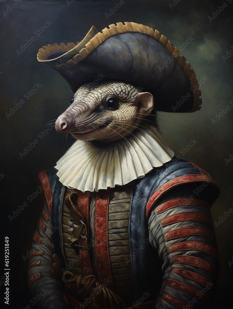 An Oil Painting Portrait of an Armadillo Dressed Up as a Pirate | Generative AI