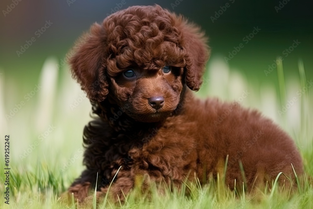 cute brown poodle puppy sitting in a green grass field cute brown poodle puppy sitting in a green grass field