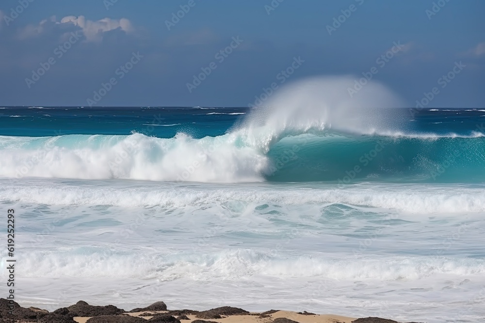 powerful wave breaking in the clear blue ocean under the sun