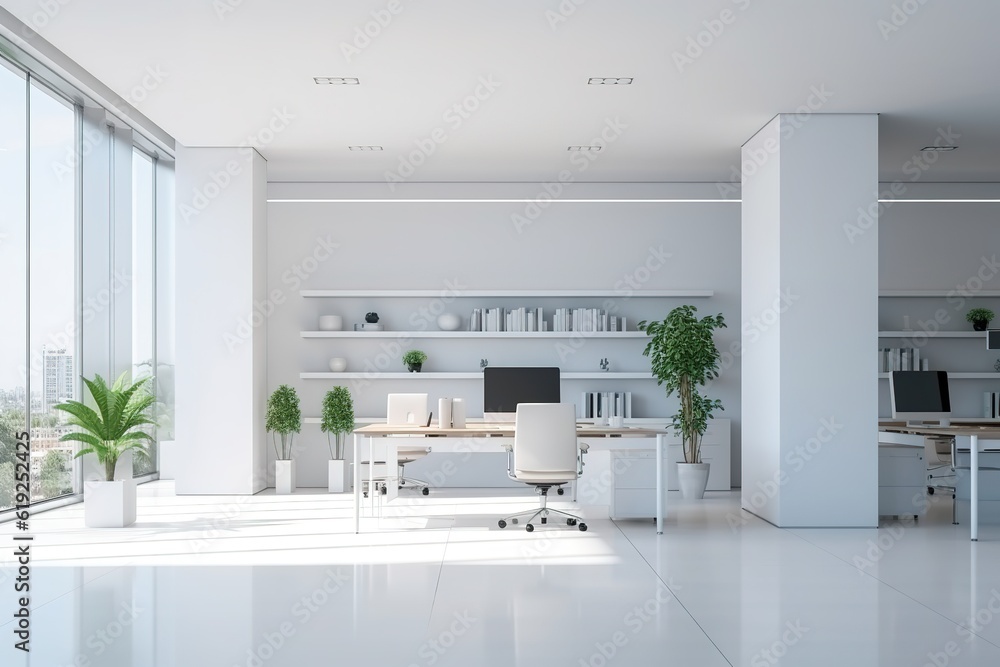 Bright and modern open-concept office with a mock-up wall in white. Generative Ai