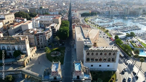 Aerial shot drone flies over Porta Felice down Via Vittorio Emmanuele in Palermo, Sicily, Italy photo