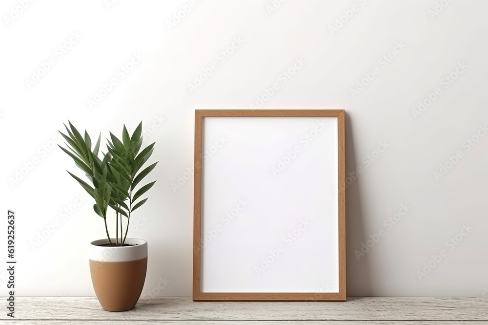 Close-up shot of a mockup frame in a white room featuring natural wood furnishings. Generative Ai Close-up shot of a mockup frame in a white room featuring natural wood furnishings. Generative Ai