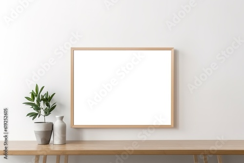 Close-up shot of a mockup frame in a white room featuring natural wood furnishings. Generative Ai