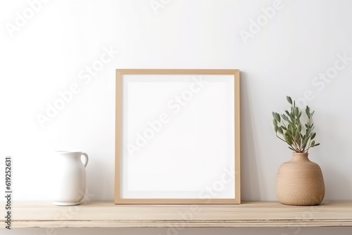 Close-up shot of a mockup frame in a white room featuring natural wood furnishings. Generative Ai