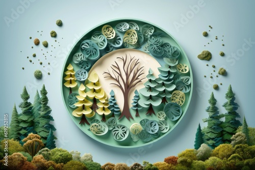 Ecosystem restoration, environment day concept tree background. Recycle icon paper cut banner with forest. Ecology project concept, Generative AI illustration