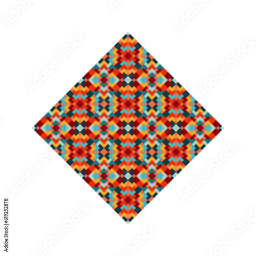 Square logo with bright pixel pattern in Mexican style. Rhombus with vivid tribal geometric triangles and squares ornament. Aztec rug element.