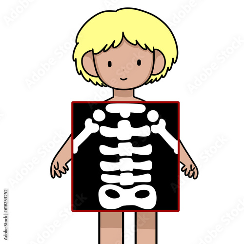 Cute cartoon boy with x-ray screen showing his skeleton.