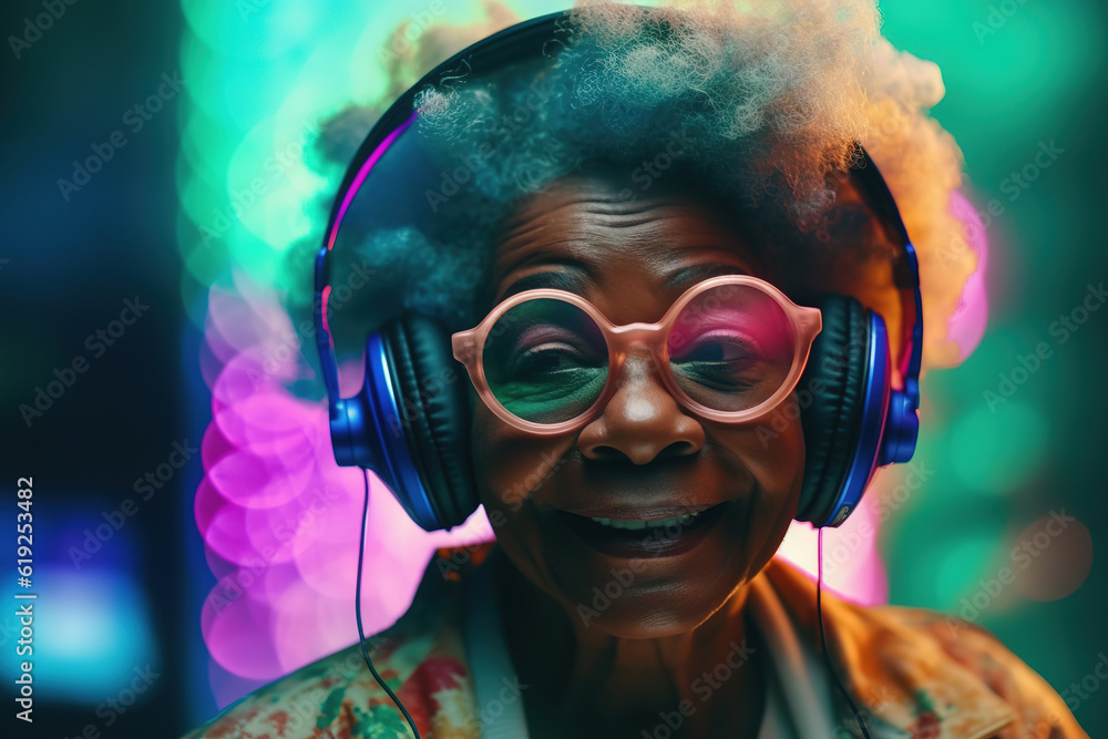 Senior African woman in headphones. Forever young, balaced life, positive mindset concept Senior African woman in headphones. Forever young, balaced life, positive mindset concept