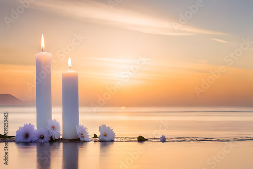 Bouquet of white flowers in a vase, candles on vintage copper tray, wedding home decor on a table