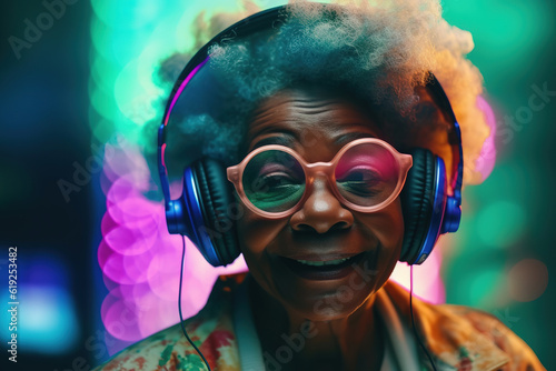 Senior African woman in headphones. Forever young, balaced life, positive mindset concept