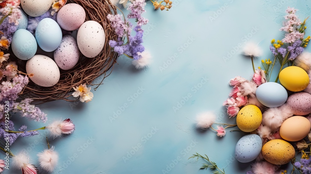 Top View of Happy Easter Day background with colorful eggs and flowers on pastel background