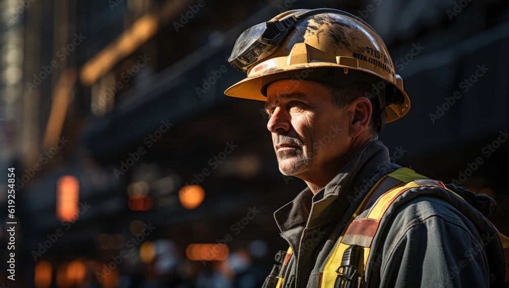 Urban Builders. A worker in a helmet standing in front of construction cranes, in the style of urban cityscapes. Progress and urban development concept. AI Generative Urban Builders. A worker in a helmet standing in front of construction cranes, in the style of urban cityscapes. Progress and urban development concept. AI Generative