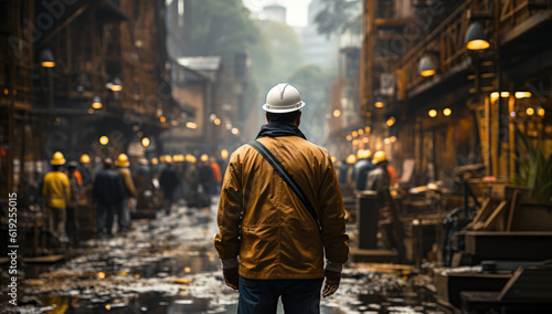 Urban Builders. A worker in a helmet standing in front of construction cranes, in the style of urban cityscapes. Progress and urban development concept. AI Generative