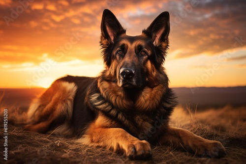 German shepherd at sunrise, close-up image, generative ai