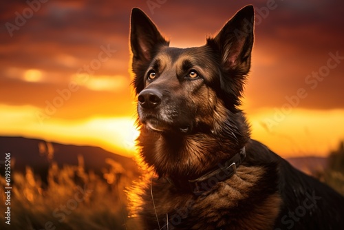German shepherd at sunset, close-up image, generative ai