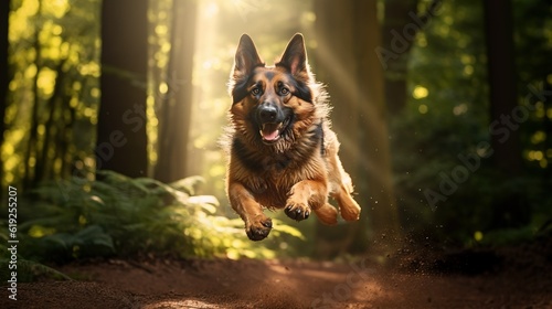 German shepherd dog jumping around in joy, generative ai