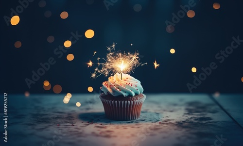 Happy birthday cupcake with sparkle on it, generative ai