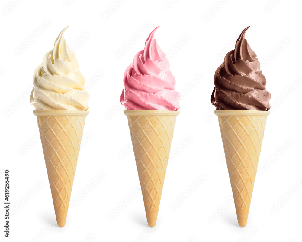 Set of different delicious soft serve ice creams in crispy cones on white background Set of different delicious soft serve ice creams in crispy cones on white background